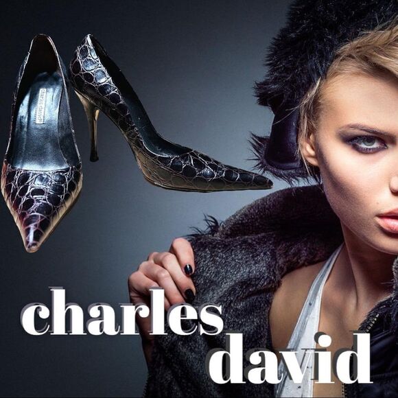 Charles David pointed toe crocodile Leather heels sz 8B Dark Plum - Picture 1 of 10